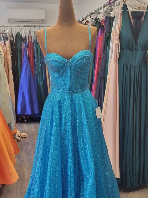 Robe de bal turquoise scintillante, tulle pailleté, bustier