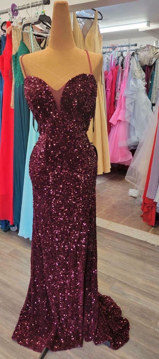 Robe de bal bordeaux, paillettes, sirène